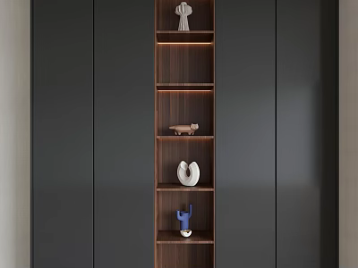 Modern Wardrobe With Dark Panels And Wooden Open Shelves Displaying Decorative Sculptures 3d model