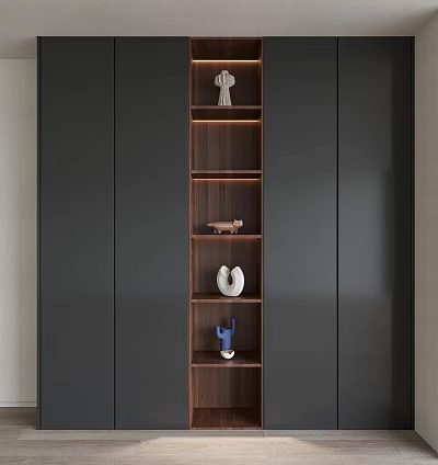 Modern Wardrobe With Dark Panels And Wooden Open Shelves Displaying Decorative Sculptures 3d model