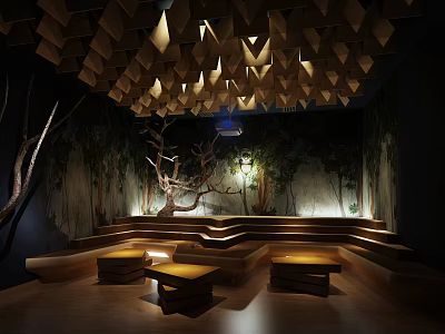 Home Theater Room With Wooden Geometric Ceiling Forest Mural Curved Benches And Warm Lighting 3d model