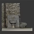 Garden Ornament Feature with Stone Wall Stone Basin Slab Floor and Grass