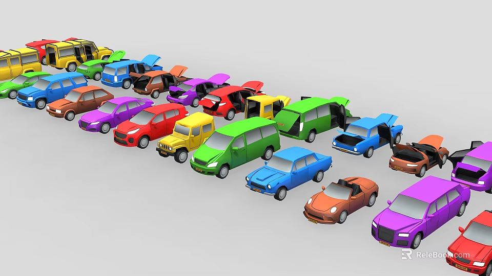 Colorful Toy Cars In Various Colors And Different Styles Arranged Together 3d model 