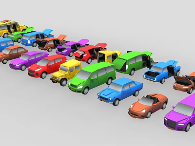 Colorful Toy Cars In Various Colors And Different Styles Arranged Together 3d model