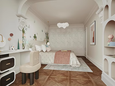 Cozy Kids Room With Bed Cloud Pendant Light Decorative Wall And Soft Rug 3d model