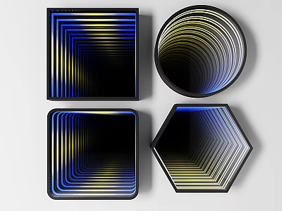 Commercial Equipment Panels With Square Round Hexagonal Shapes And Blue Yellow Stripes 3d model