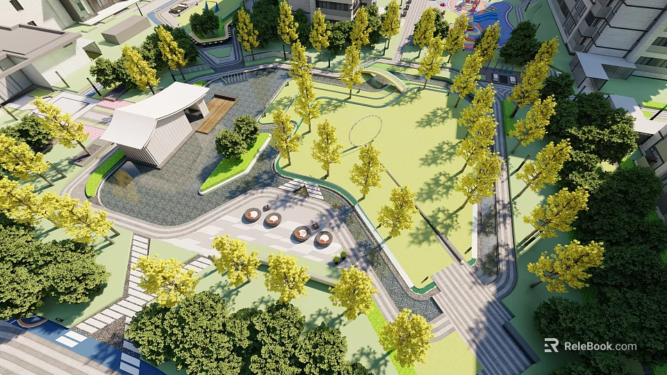 Scenic Pergola in Urban Park with Lush Greenery Trees Pathway and Relaxation Area 3d model 