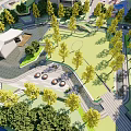 Scenic Pergola in Urban Park with Lush Greenery Trees Pathway and Relaxation Area