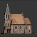 Whimsical Cartoon Scene With Red Brick Building Pointed Tower And Orange Roof