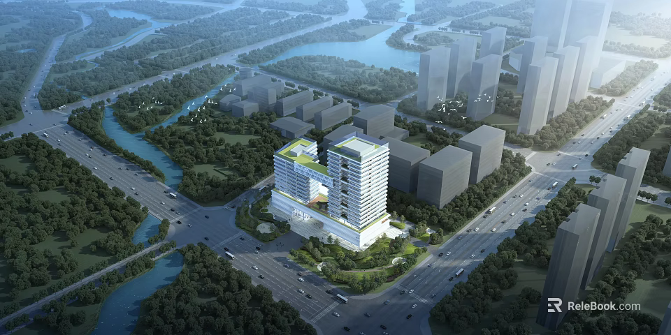 Modern High Rise Office Building Design In Urban Setting With River Roads And Green Spaces 3d model 