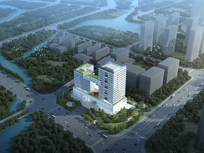 Modern High Rise Office Building Design In Urban Setting With River Roads And Green Spaces 3d model
