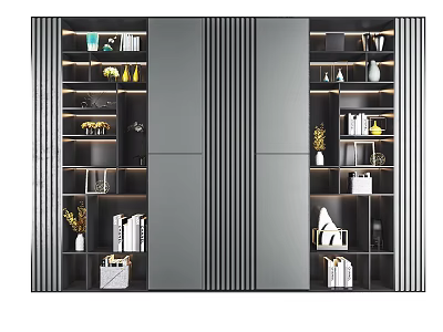 Modern Elegant Display Cabinet With Black White Striped Panels And Shelves Holding Books Vases Decorations 3d model