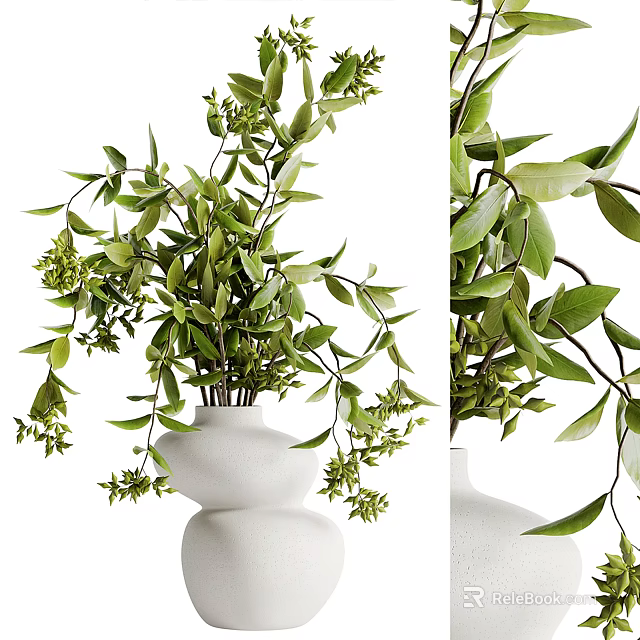 Lush Green Potted Plant With Fresh Leaves And Small Flowers In White Vase 3d model 