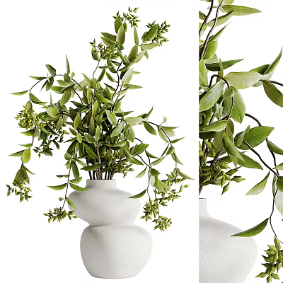 Lush Green Potted Plant With Fresh Leaves And Small Flowers In White Vase 3d model