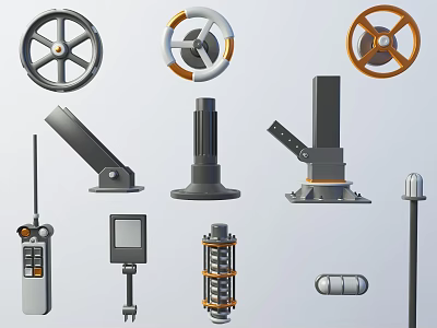 Industrial Equipment Assorted Components Featuring Wheels Levers Control Panels And Poles 3d model