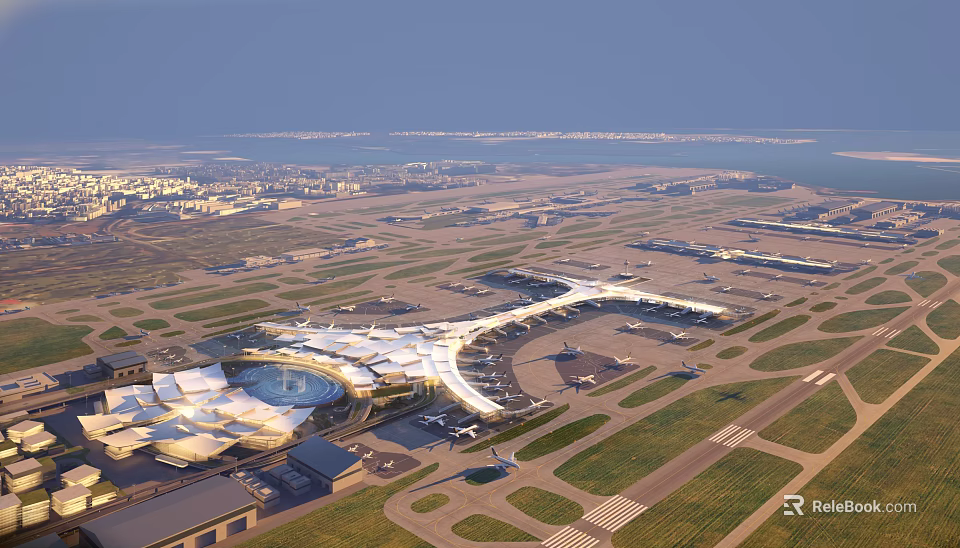 Aerial View Airport Planning With Modern Terminal Runways And Tarmac Layout 3d model 