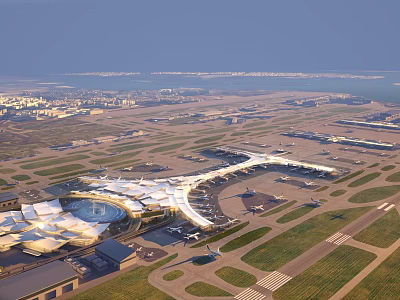 Aerial View Airport Planning With Modern Terminal Runways And Tarmac Layout 3d model