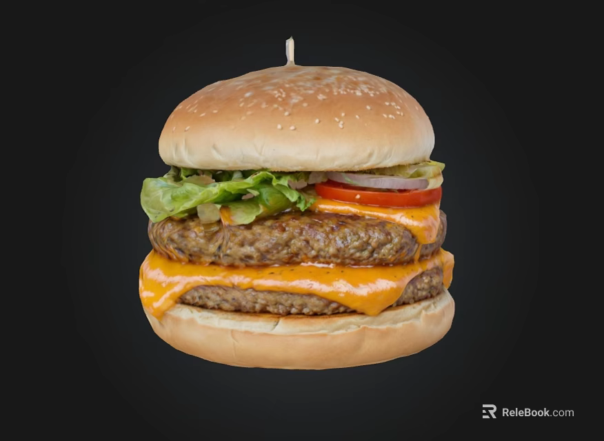 Delicious Double Patty Burger With Melted Cheese Lettuce Tomato Onion And Sesame Seed Bun 3d model 