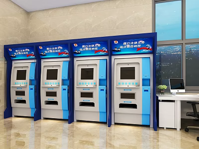 Public Facilities Multiple Self Service Terminals in Modern Bank Lobby Area 3d model