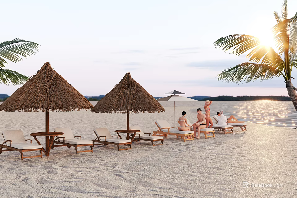 Straw Canopies on Beach with Lounge Chairs People Relaxing Palm Trees Sea and Sunset 3d model 