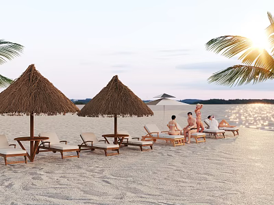 Straw Canopies on Beach with Lounge Chairs People Relaxing Palm Trees Sea and Sunset 3d model