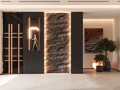 Modern Foyer Hallway Interior With Illuminated Stone Wall Art And Plants 3d model