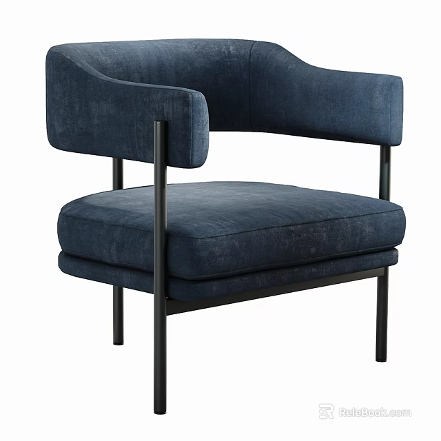 Modern Dark Blue Accent Chair with Curved Armrests Upholstered Seat and Black Metal Legs 3d model 