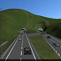 Scenic Garden Landscape Design Featuring Hillsides Tunnel Entrances Road Vehicles Street Lamps And Blue Sky
