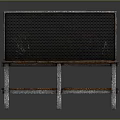 Rustic Workbench With Worn Wooden Top Metal Mesh Backboard Metal Legs And Lower Shelf
