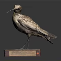 Earth Toned Bird Sculpture Displaying Bowed Neck And Long Beak On Square Pedestal