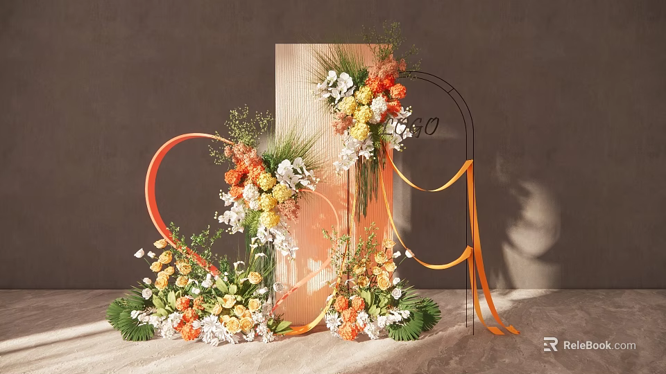 Floral Decoration With Orange Heart Shaped White Flowers Green Plants On Marble Surface 3d model 