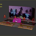 Cartoon Night Scene With Palm Trees Neon Lights Food Truck Road Grass And Street Lamps
