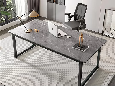 Modern Office Desk With Marble Top Laptop Desk Lamp Decorative Figurine And Mobile Phone 3d model