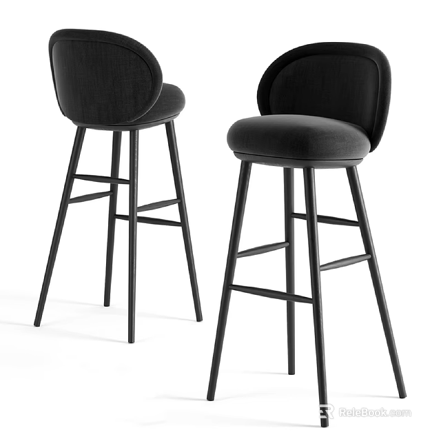 Modern Black Bar Stools with Curved Upholstered Back and Sturdy Metal Legs Design 3d model