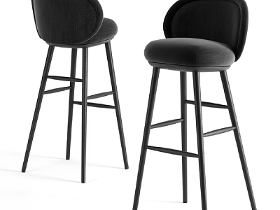 Modern Black Bar Stools with Curved Upholstered Back and Sturdy Metal Legs Design 3d model