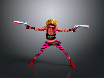 Stylish Female Character With Blonde Hair Sunglasses Pink Striped Pants Red Shoes And Dual Guns 3d model
