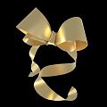 Golden Bow Art Installation With Shiny Ribbon On Black Background