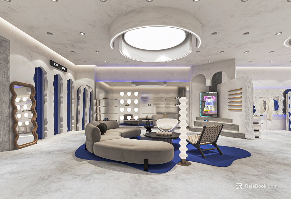 Modern Clothing Store Interior With Curved Sofa Blue Carpet Circular Ceiling Light And Display Racks 3d model 