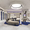 Modern Clothing Store Interior With Curved Sofa Blue Carpet Circular Ceiling Light And Display Racks