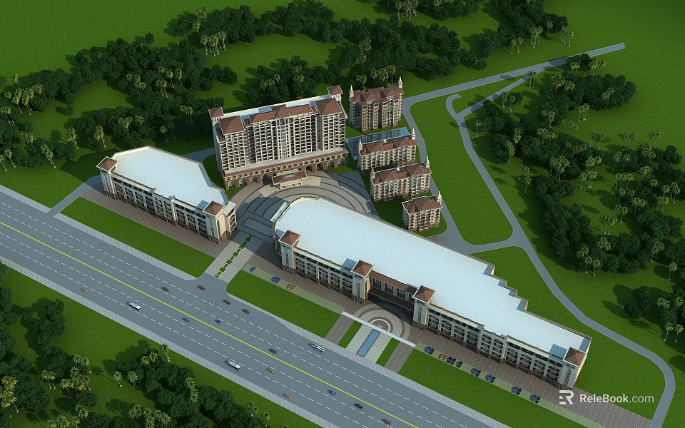 Aerial View Planning of Architectural Complex With Greenery and Roads 3d model 