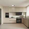 Modern Kitchen Design With Light Colored Cabinets Black Refrigerator Oven And Window Blinds