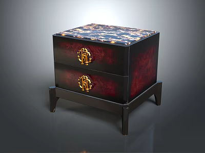 Elegant Vintage Nightstand With Two Drawers Golden Hardware And Patterned Top 3d model
