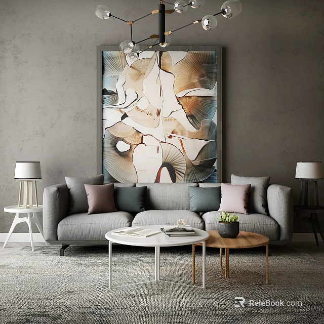Grey Three Seater Sofa With Multiple Cushions Coffee Tables And Abstract Painting In Living Room 3d model 