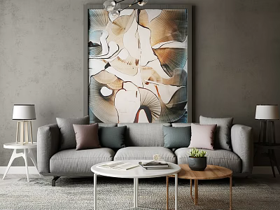 Grey Three Seater Sofa With Multiple Cushions Coffee Tables And Abstract Painting In Living Room 3d model