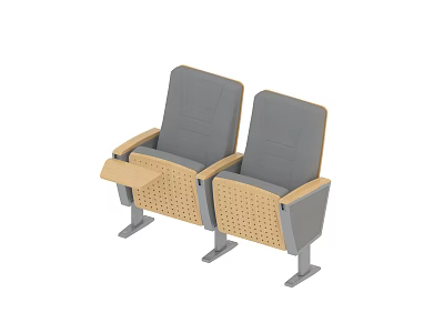 Two Public Chairs With Gray Backrests Seats And Wooden Armrests With Small Table 3d model