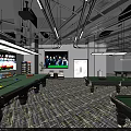 Modern Billiard Room Interior Design With Pool Tables Hanging Lights And TV Screens