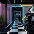 Modern Internet Cafe Interior With Blue Yellow Lighting Black White Checkered Floor And Gaming Computers
