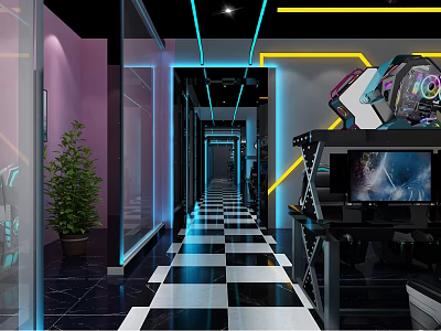 Modern Internet Cafe Interior With Blue Yellow Lighting Black White Checkered Floor And Gaming Computers 3d model