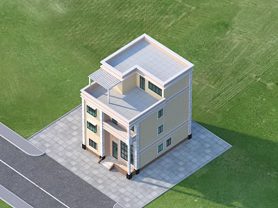 Three Story Detached House with Yellow Exterior White Roof Green Lawn and Paved Yard Pathway 3d model