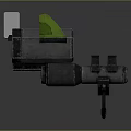 Futuristic Weapon With Gray Metal Body Green Component Circular Metal Parts And Silver Grip