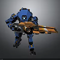 Blue And Orange Mech Robot Character With Large Orange Mechanical Weapon 3d model