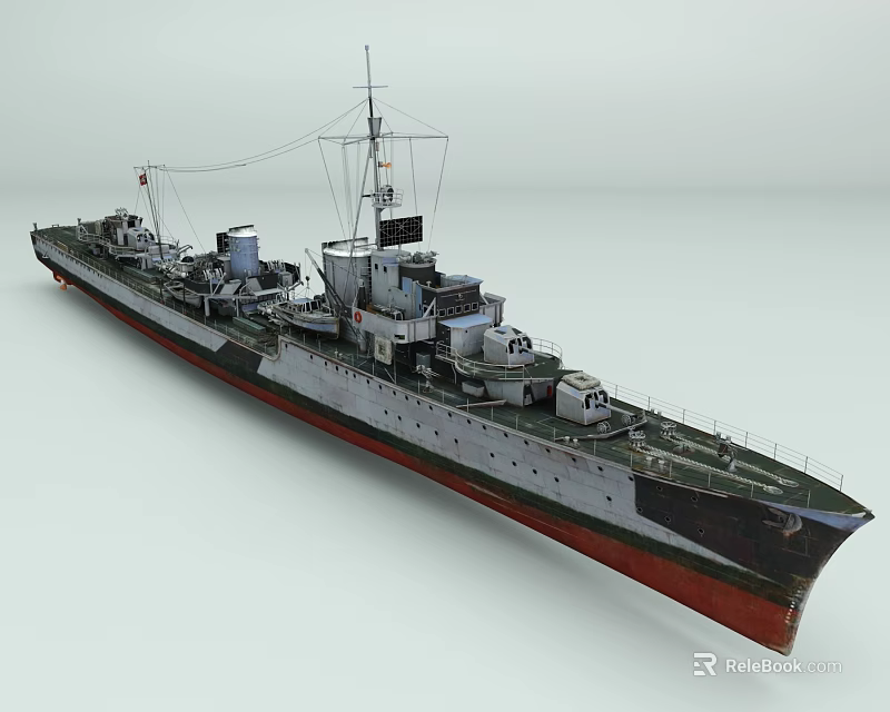 Vintage Warship 3D Model With Gray Hull Black Superstructure And Red Bottom 3d model